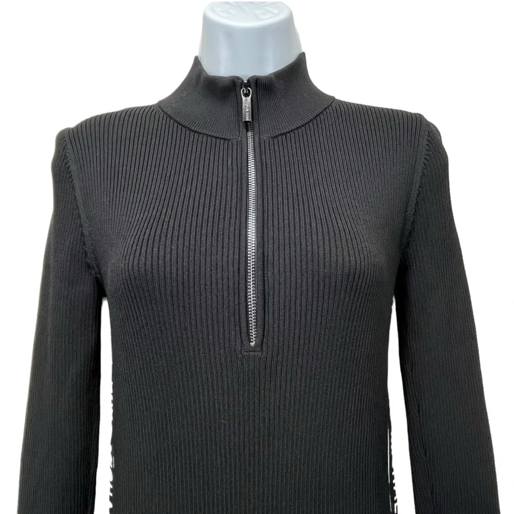 Michael Kors Black Ribbed Knit Logo Tape Zip Front Midi Dress‎ Women’s Medium